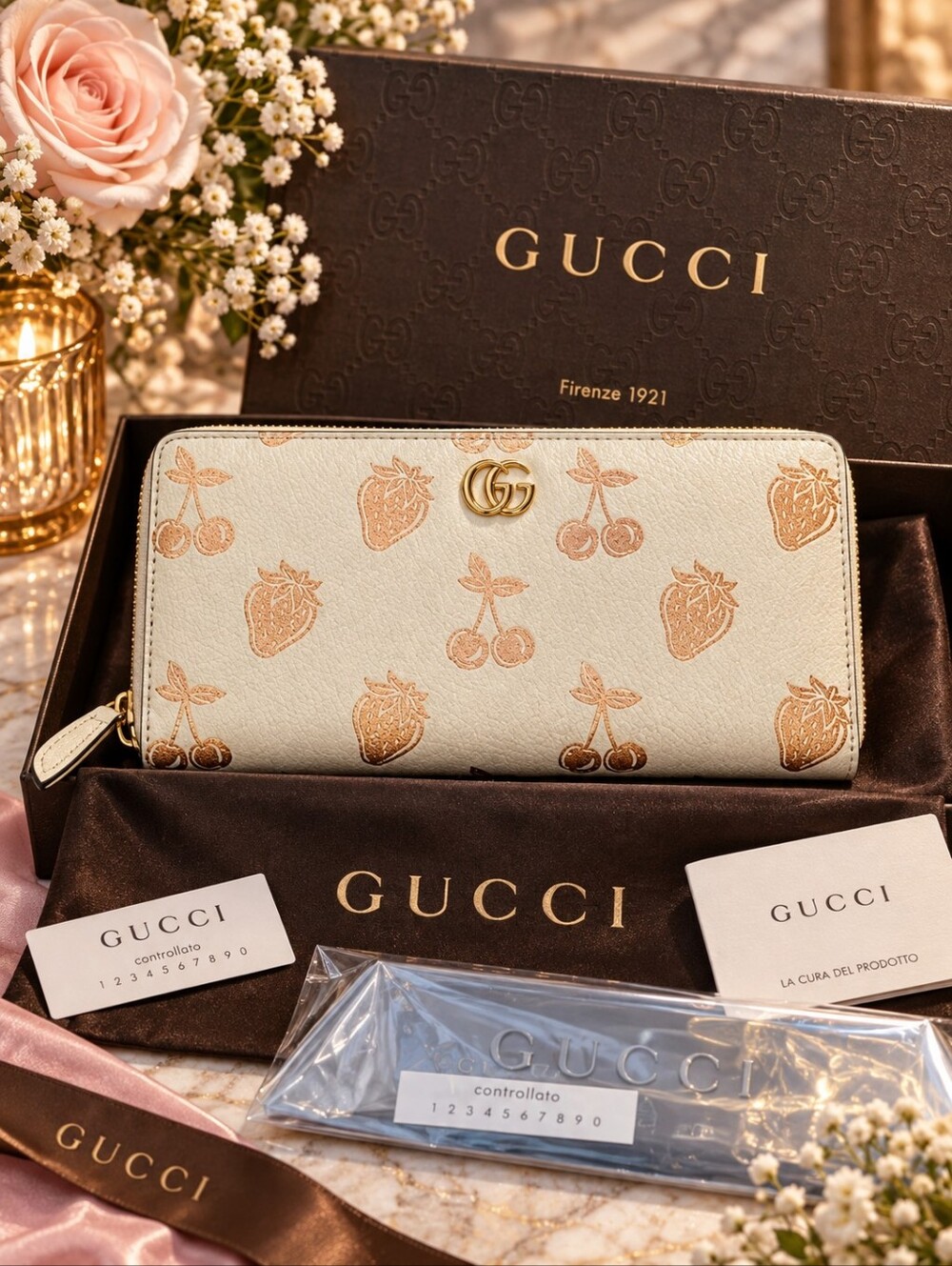 Collectors Gucci GG Marmont Strawberry Cherry Fruit Print Zip Around Wallet Rare